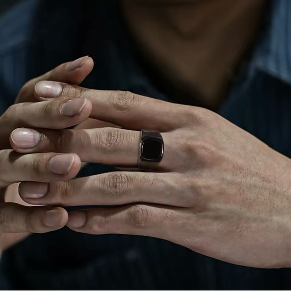 Black Stone Rings for Men Stainless Steel Geometric Square Ring Signet Ring 8, 9 - Picture 2 of 5